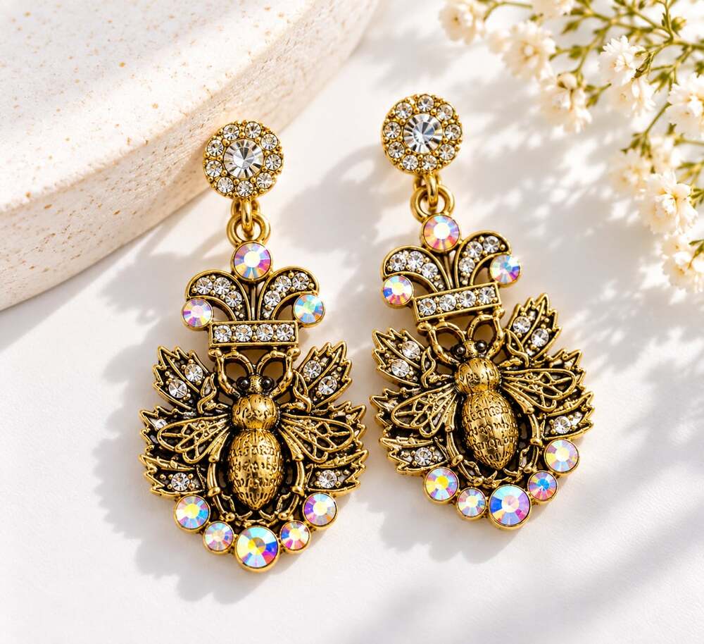 Antique Gold Bee Drop Earrings Iridescent Crystal Statement Maximalist